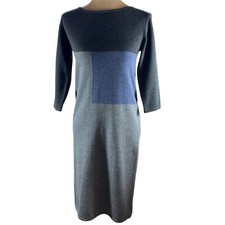 Kay Unger Sweater Dress Gray Merino Wool 3/4 Sleeve Blue Gray M (Flaw)