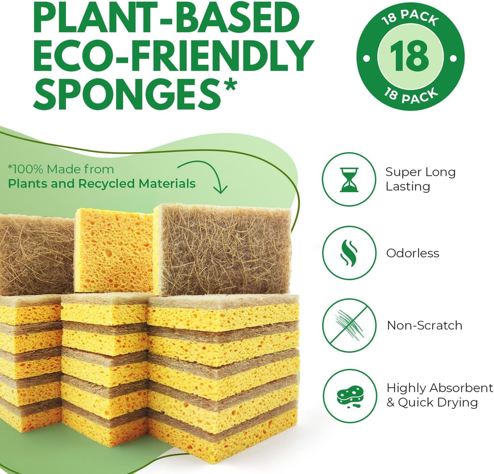 18 Pack Biodegradable Natural Kitchen Sponge Compostable Cellulose ...