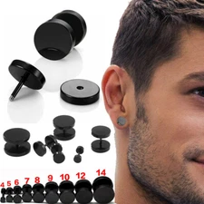Black Stud Earrings Men Women Faux Gauges Ear Tunnel Stainless Steel Earrings