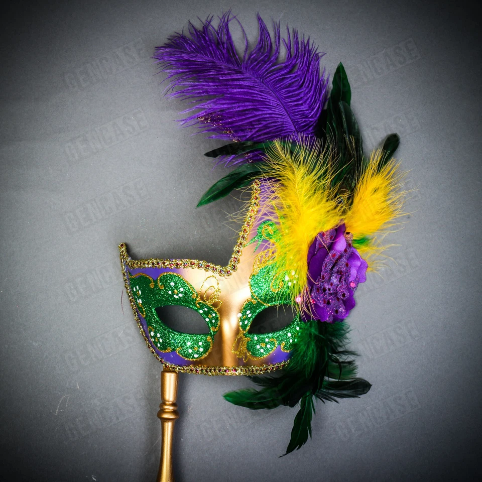 Venetian Elegance Side Feather Masquerade Stick HandHeld Mask Mardi Gras Green - Image 4 of 4