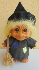 Vintage Russ Troll Doll Witch with Broom Orange Hair Halloween Diamond Design