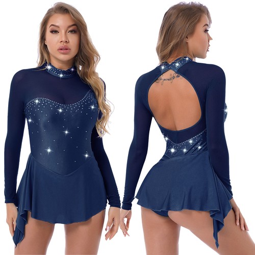 Womens Shiny Long Sleeve Leotard Dress Figure Ice Skating Ballet Dance Dress - Picture 42 of 52