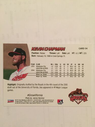 2015 Fresno Grizzlies Kevin Chapman Rookie Houston Astros - Picture 2 of 2