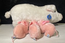 Plush Pig Feeding 3 Piglets in lined basket R Dakin  Co. 1980 Vintage Soft Toy