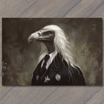 POSTCARD Vulture Bird Humanized Suit Jacket Weird Hair Bizarre Beak Unusual Fun