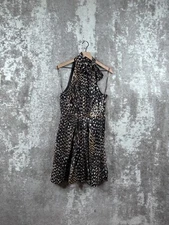 Trina Turk Dress US 10 Brown Black Turtleneck Leopard Print Cut Out Silk Midi