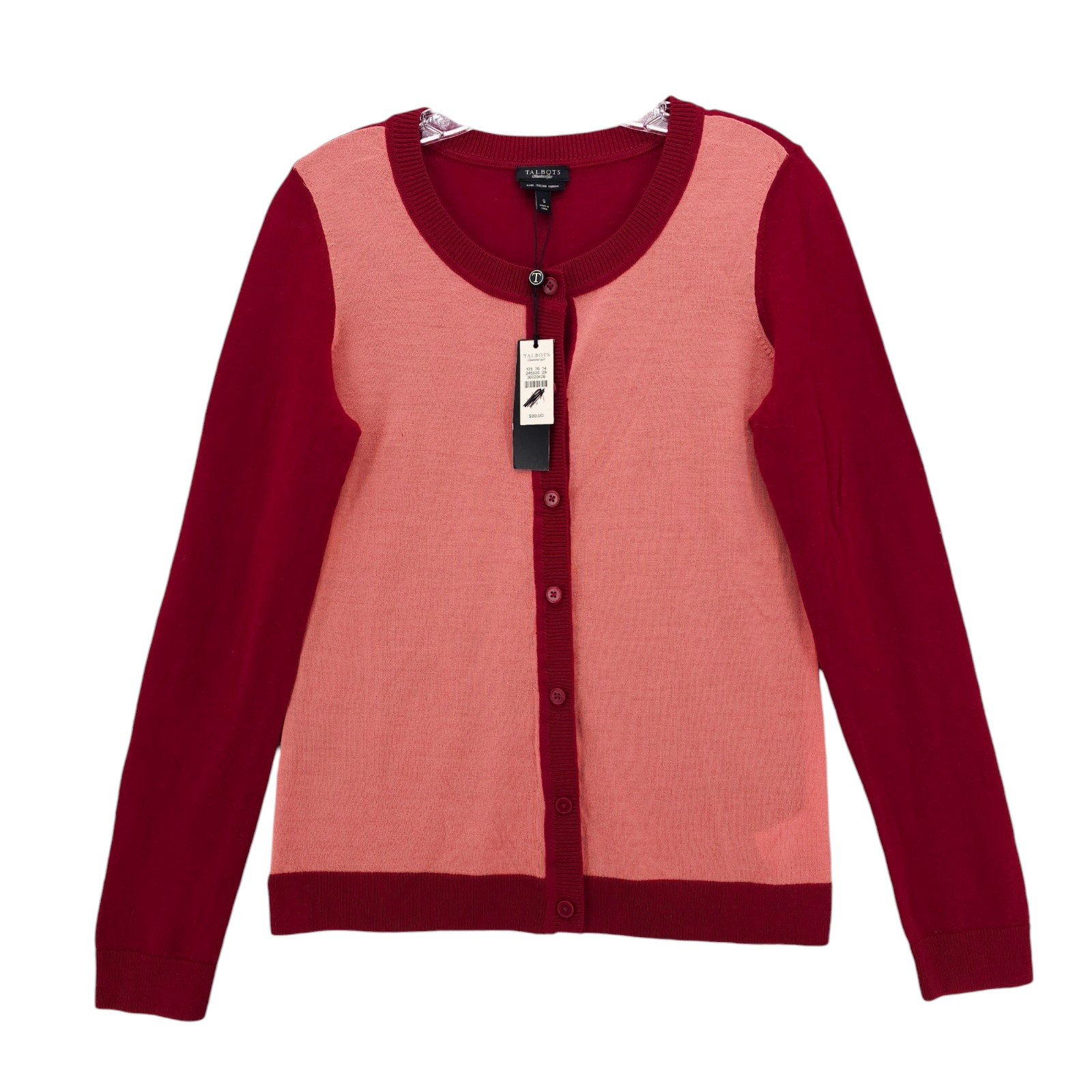 TALBOTS Red Orange Colorblock Merino Wool Cardigan SMALL NEW w/ HOLE!!