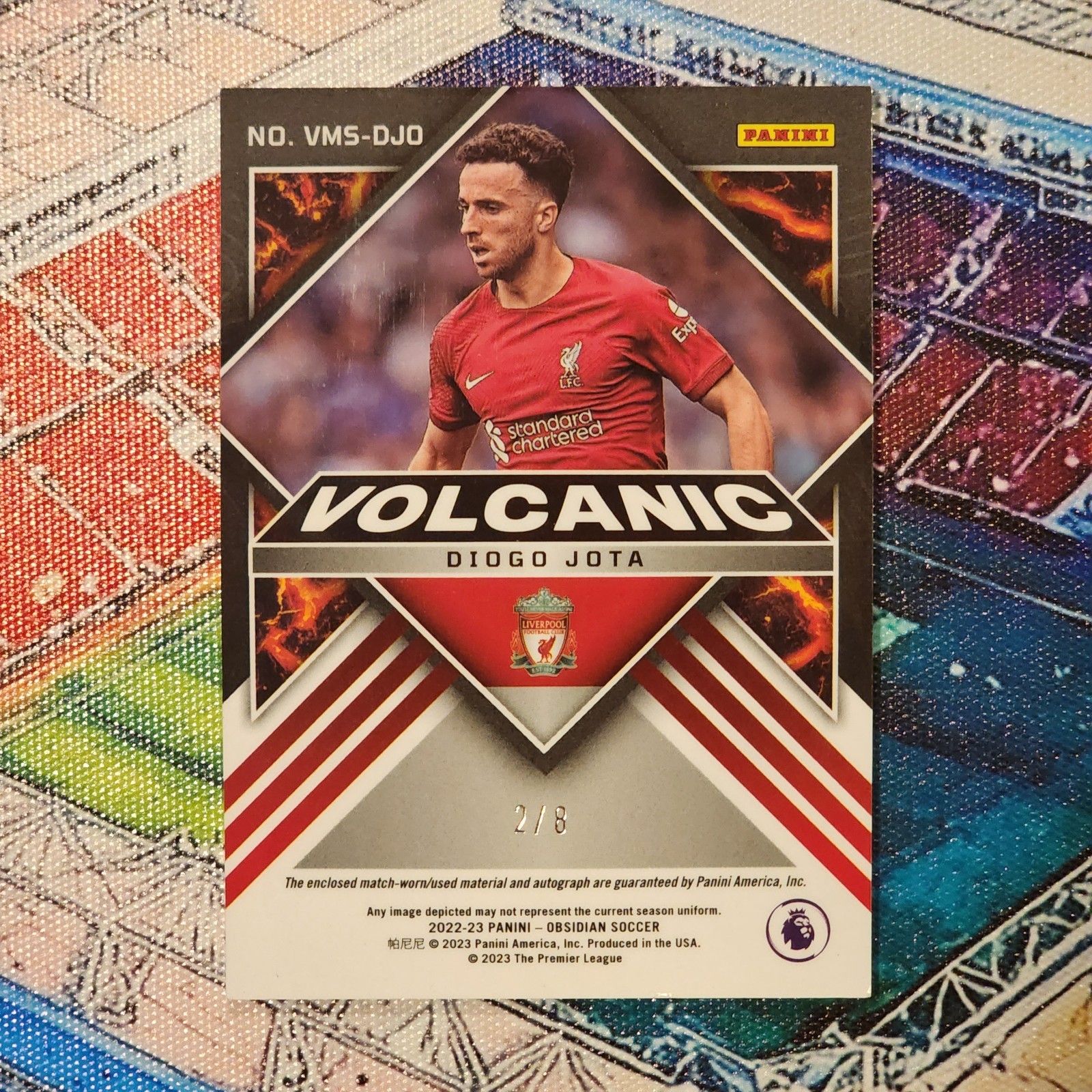2022-23 Panini Obsidian Diogo Jota Volcanic Match Worn Patch Auto Red Flood /8 view 2