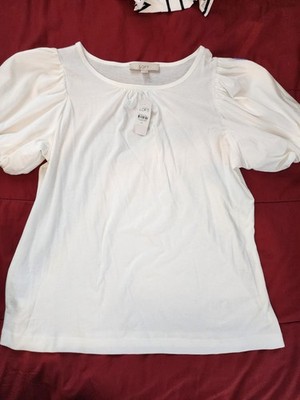LOFT White Puff Sleeve Short Sleeve 100% Cotton Round Neck T-Shirt Size M