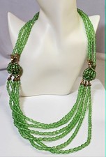 vtg Necklace w/ Cut Green Glass Beaded Beads 6  3 Strands 25in- B7