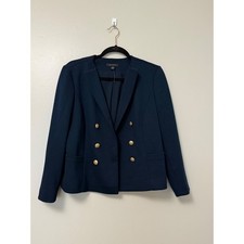 Ann Taylor Navy Blue Double Breasted Blazer Gold Crest Buttons Textured Jacket M