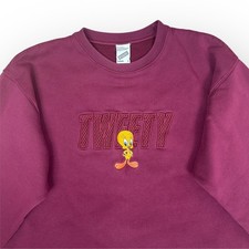 Tweety Bird Looney Tunes VTG Sweatshirt Large Burgundy Embroidered Warner Bros