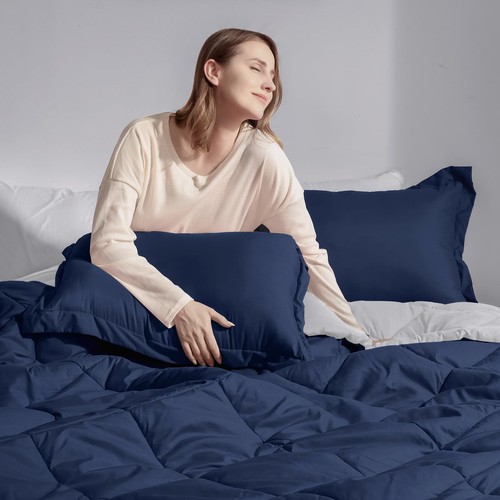 Queen Comforter Set - Navy Blue Comforter Set Queen Size, Reversible Bed Comf... - Picture 7 of 8