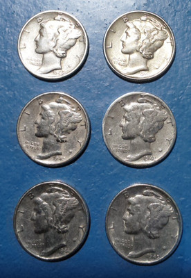 Mercury Dimes: 1940 - 1945 Philadelphia  --6 Coins-- (10B-167)