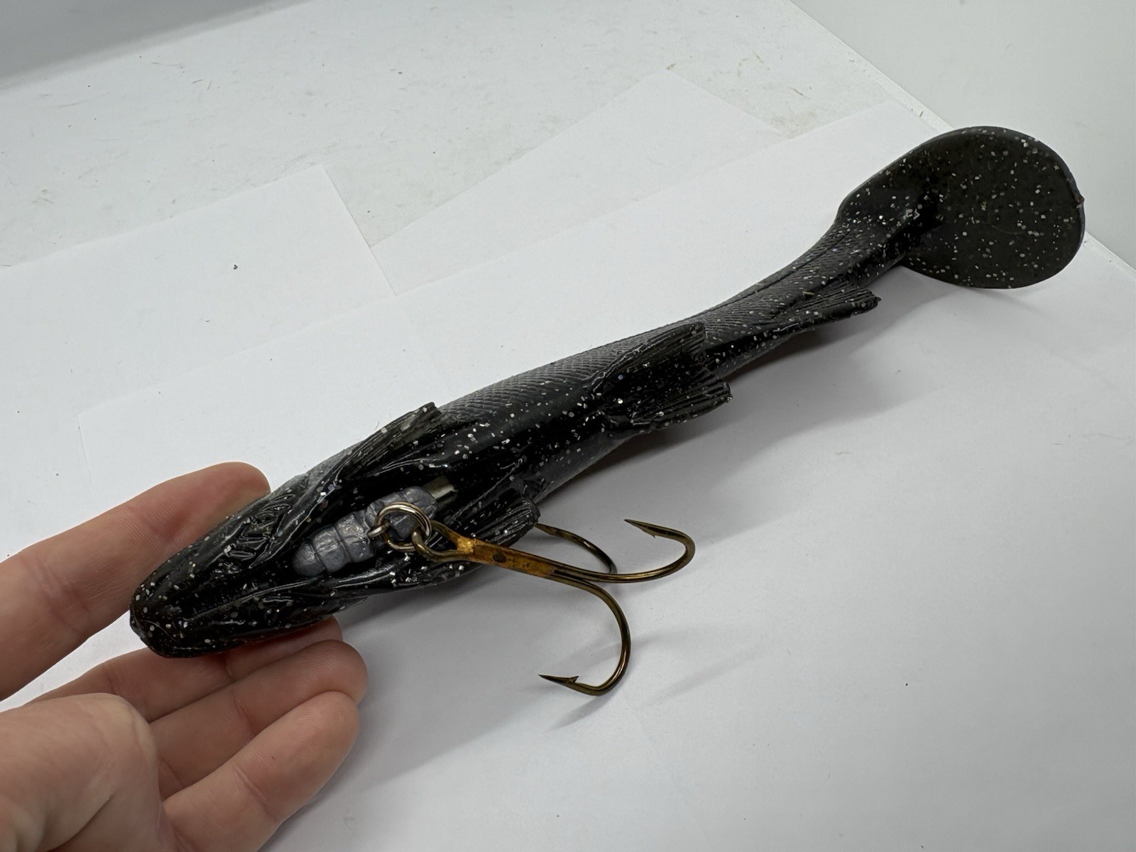 8.5”Nates Baits Rubber Swimbait Black Glitter Weedless Bass Musky Crankbait - Image 2