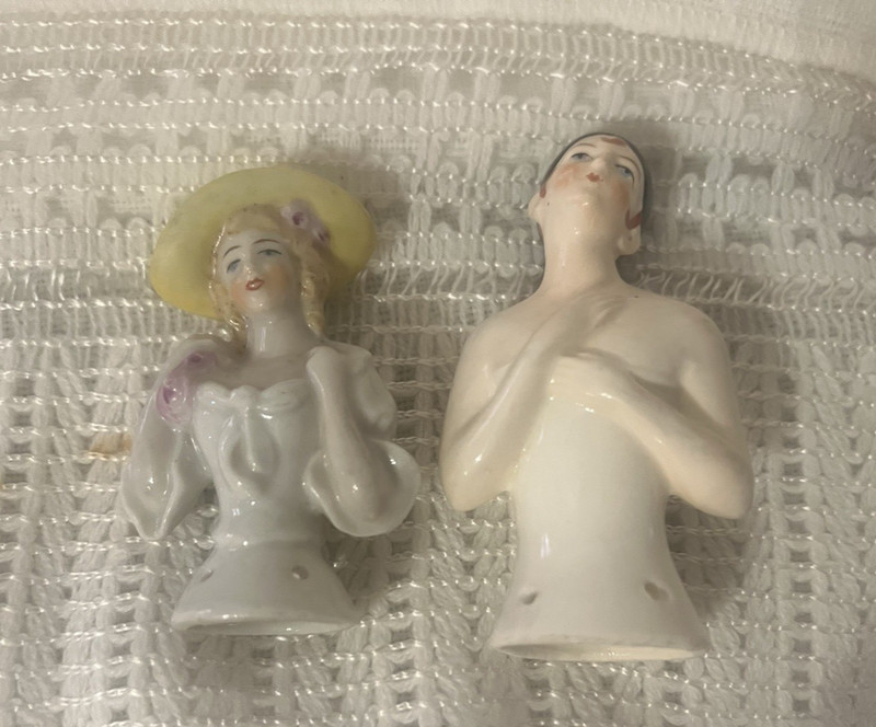 2 Antique Half Doll Porcelain Pin Cushion COMPLETE Vintage Sewing Collector
