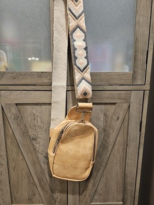 Beige Crossbody Bag Patterned Adjustable Strap Bronze Hardware Lined Interior