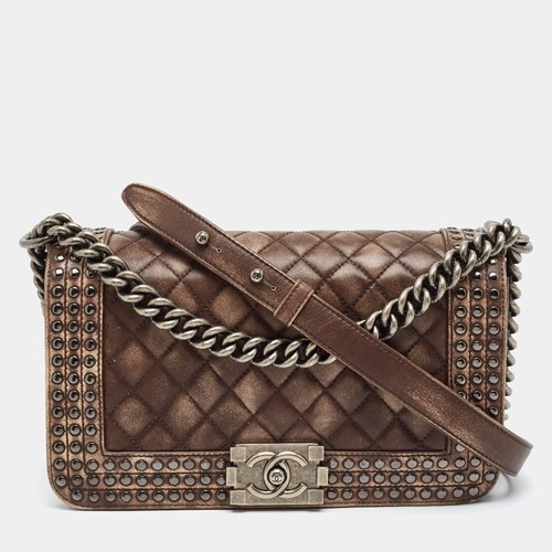 Chanel Faded Studs Boy Flap Medium Brown Quilted Leather Bag