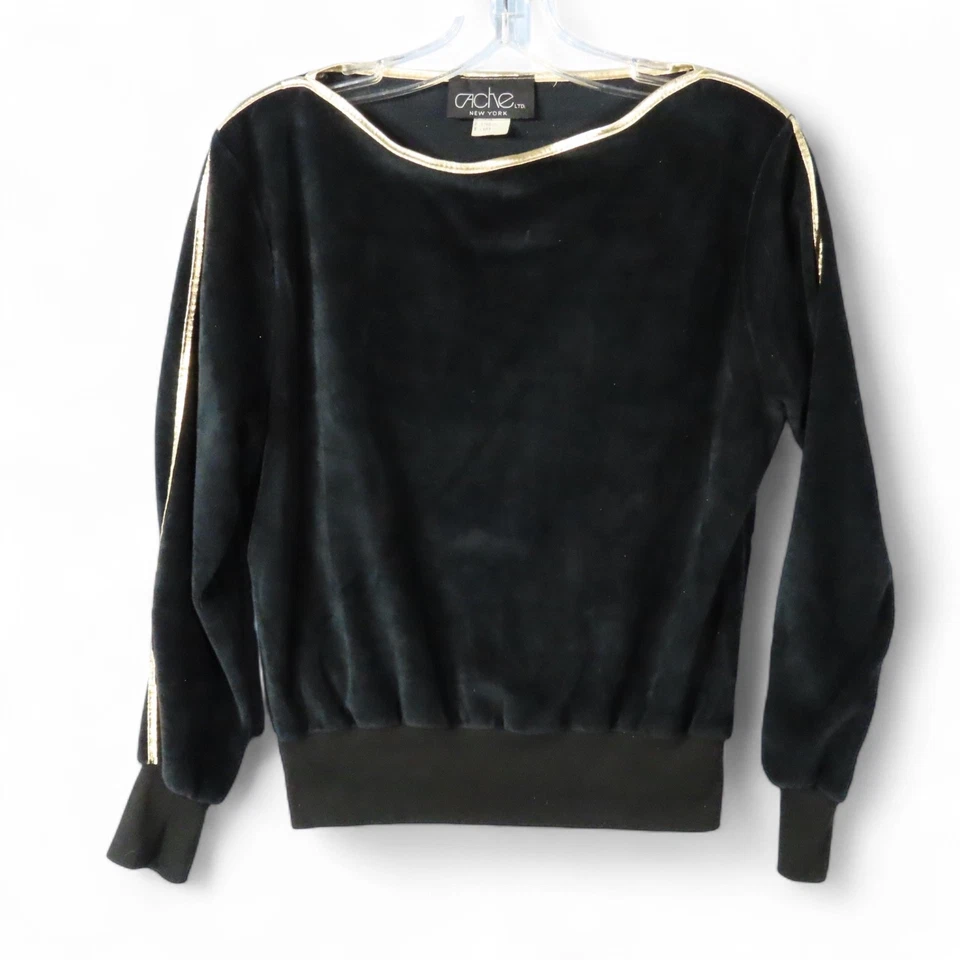 CHÁNDAL FANCY VTG Cache Black Velour Pantalones con ribete metálico dorado / dobladillo superior de banda L Foto 2 de 4