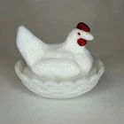 Vintage Westmoreland White Milk Glass Red Comb Red Eyes Hen On Nest 3”