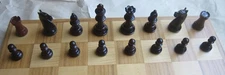 Chess Set 32 Complete Wooden Felted Pieces w/ Glass eyed knights Vintage