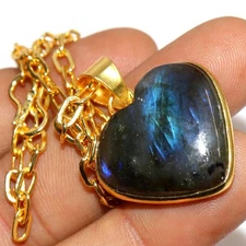 Gold Heart Fiery Labradorite Golden Plated Necklace 19" Eye Catching Design JW