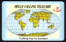 30m 'Hello Calling Telecard' Pictures A Flat Globe With Countries Phone Card
