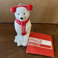 Kurt Adler Coca Cola Polar Bear with Ear Muffs Christmas Ornament Glittery!