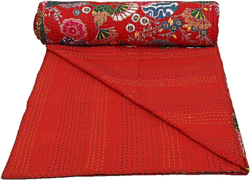 Indian Floral Print Cotton Kantha Quilt Blanket Bedspread Throw Double Bed Size - Image 3 of 4