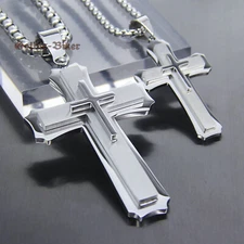 Heavy & Big Mens 3 Layer Stainless Steel Christian Cross Pendant Necklace Silver