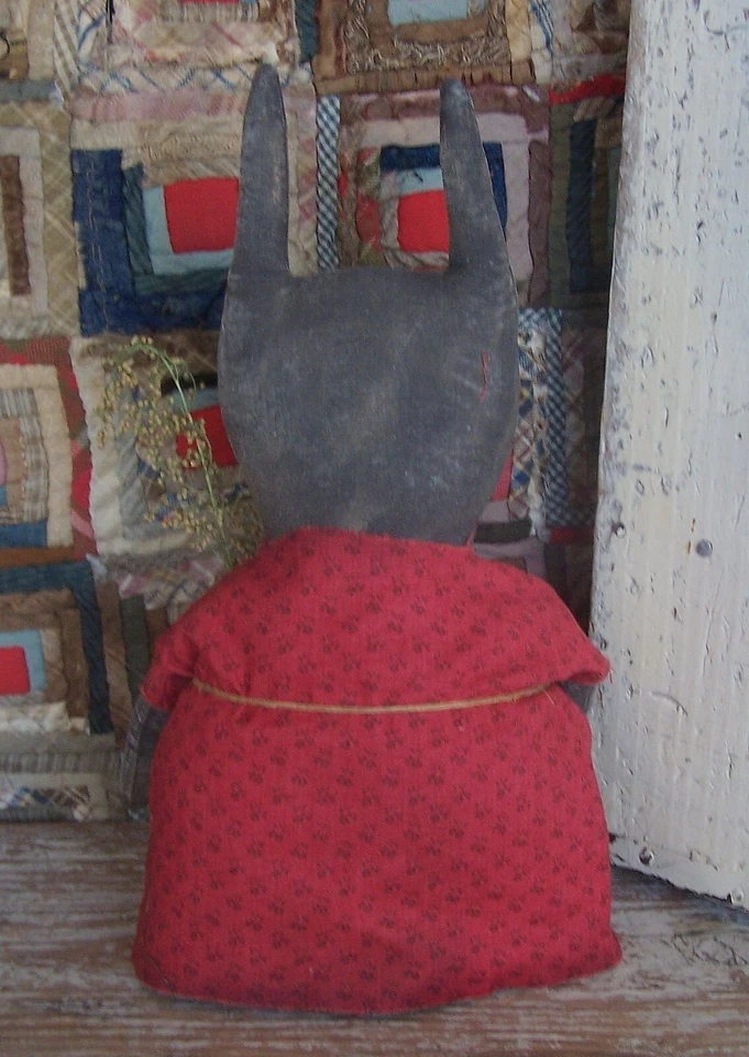 Primitive Black Rabbit Doll Red Dress, Grungy Rustic Bunny Decor - ARTISAN MADE - Image 3 of 4