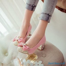 Sweet Rhinestone Womens Pump Shoes Round Toe Bowknot Sequins Block Heel Chic Hot