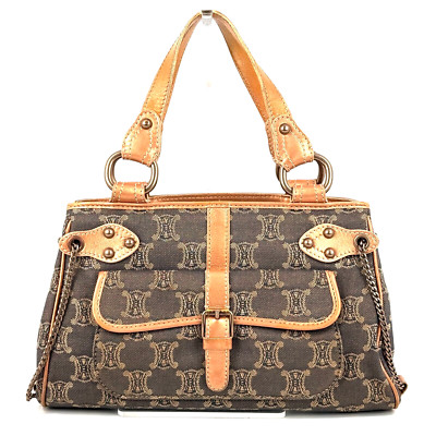 RARE!!! CELINE Macadam Shoulder Bag Hand Bag Denim Chain Leather Auth