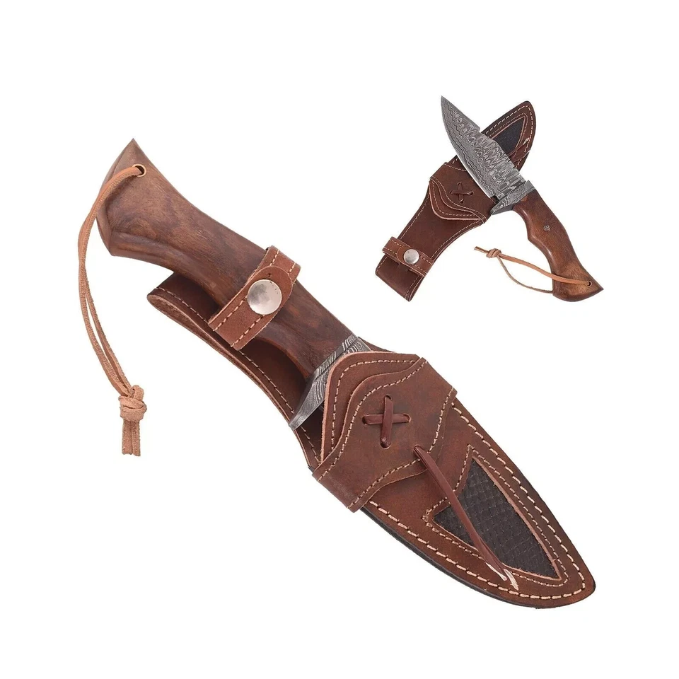 Knife Fixed Blade Hunting Damascus Steel Survival Knives Tool with Leather Cover - Image 2 of 3