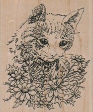 Cat In Flowers Rubber Stamp 2 3/4 x 3 1/4", Cute Cat Stamp, Cat Stamp