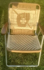 VTG ALUMINUM FOLDING LAWN CHAIR BASEBALL MIT BAT MACRAME WEBBING WITH WOOD ARMS