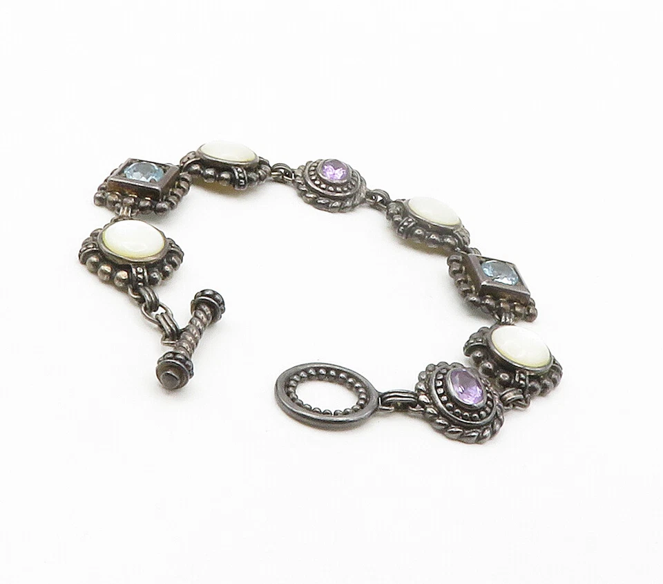 925 Silver  Vintage Mother Of Pearl Amethyst & Topaz Chain Bracelet  BT5975 - Image 4 of 4