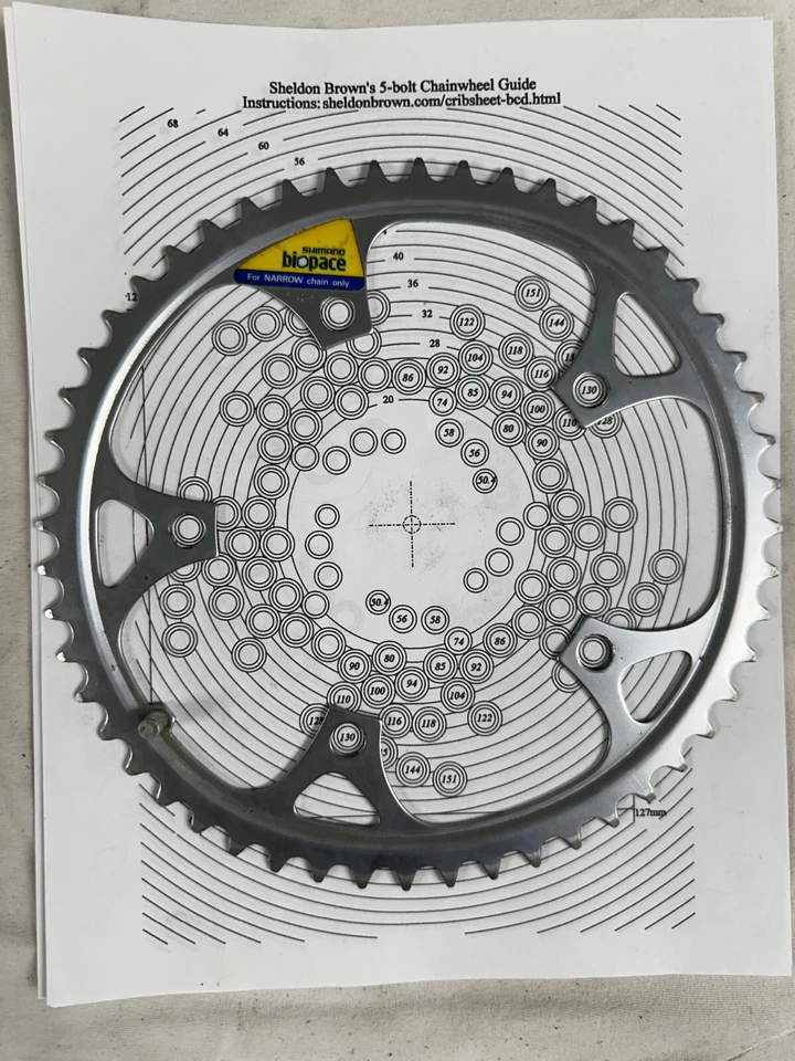 Anillo de cadena de aluminio vintage Shimano BioPace 52T 5 pernos x 130 mm BCD Foto 3 de 3