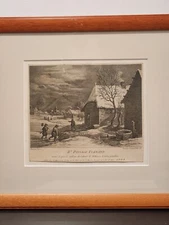 Flemish Winter Scene, antique 18th century engraving 1750, David Teniers