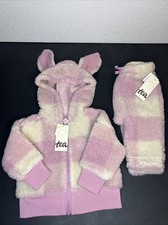 NWT Tea Collection Pink Buffalo Plaid Teddy Fleece Bunny Ears Hoodie Pants 3-6mo