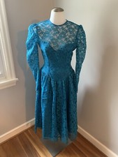Women’s Dance-Allure Vintage Blue Floral Lace Dress Fit & Flair Long Sleeve S-?