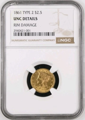 1861 $2.50 Gold Liberty Quarter Eagle NGC UNC DETAILS Beautiful Coin!