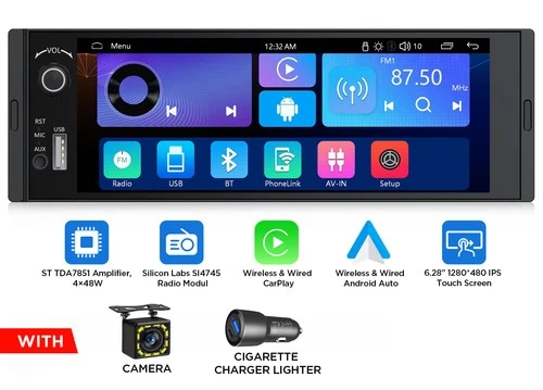 Single 1 DIN Wireless Car Stereo Apple Carplay Android Auto 6.28inch TouchScreen