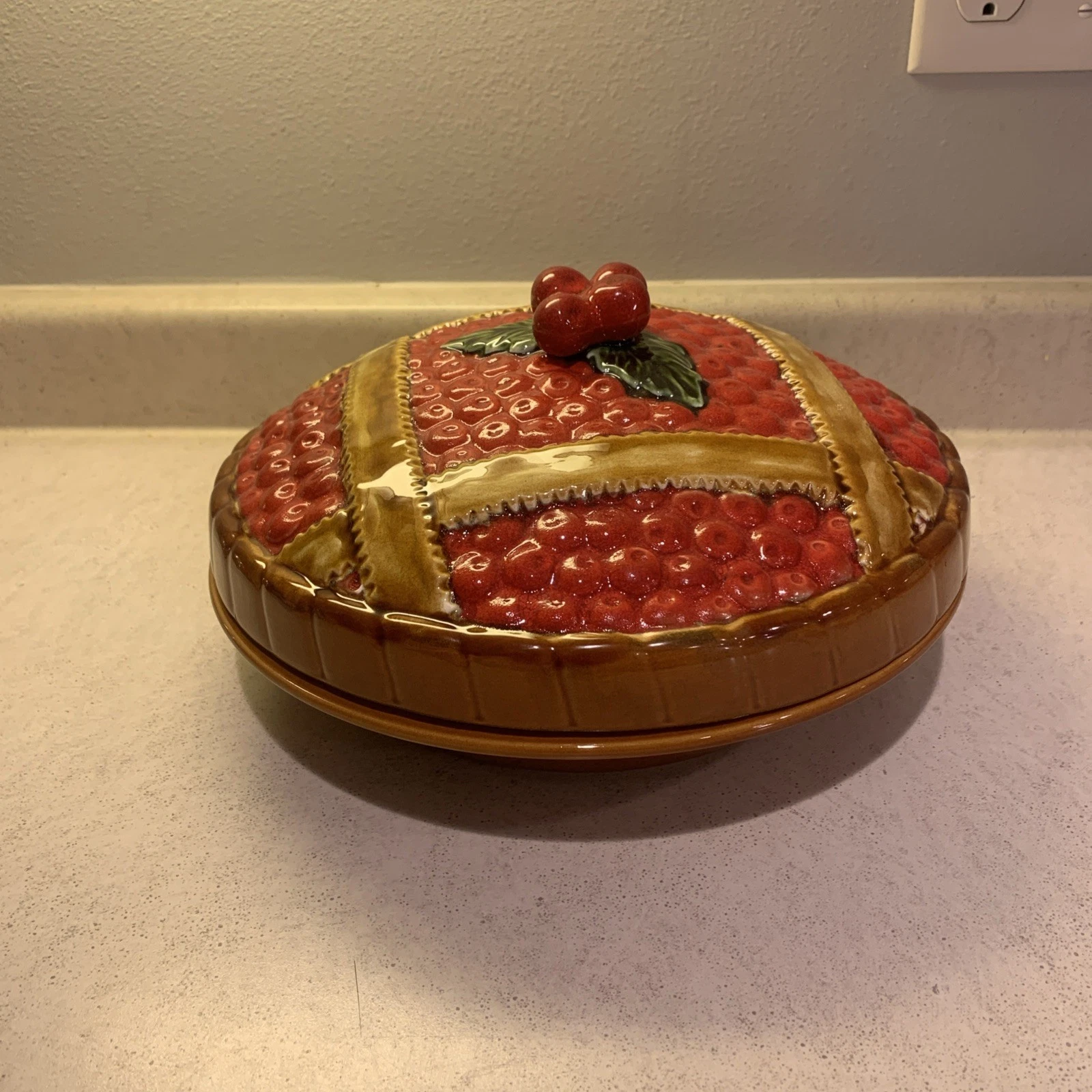 Vintage Euro Ceramica Cherry Pie Safe Carrier Pottery Cover, Made in Portugal