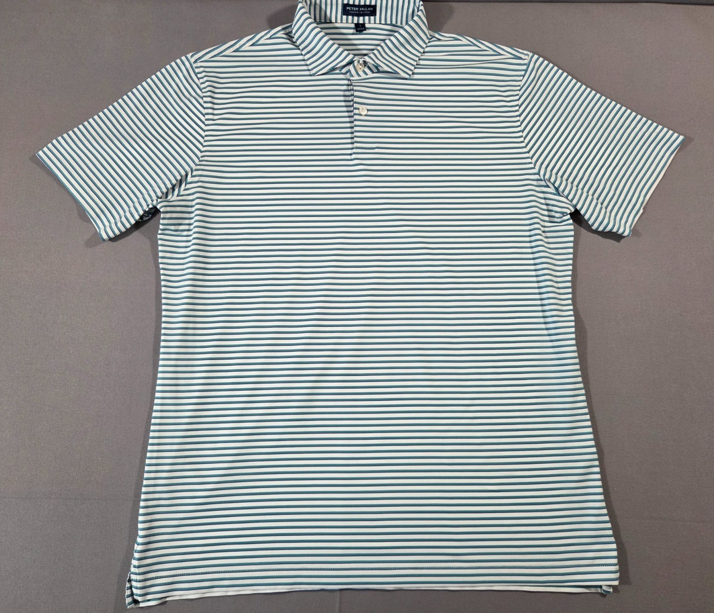 Peter Millar Crown Crafted Mens Large White Green Blue Stripe Polo Shirt