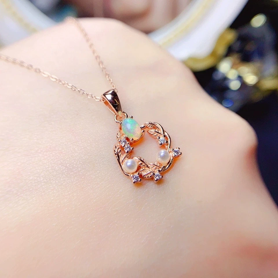 Elegant Leaf Design Natural Fire Opal Necklace 925 Sterling Silver Pendant - Image 3 of 4