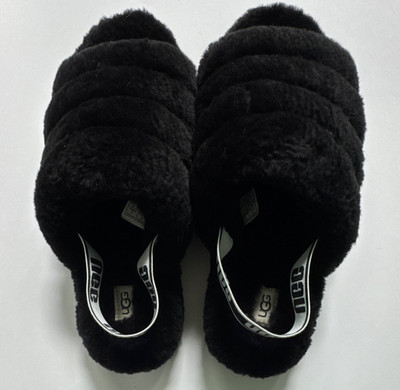 UGG Fluff Yeah Women s US 12 Black Shearling Fur Slide Slippers Logo Strap