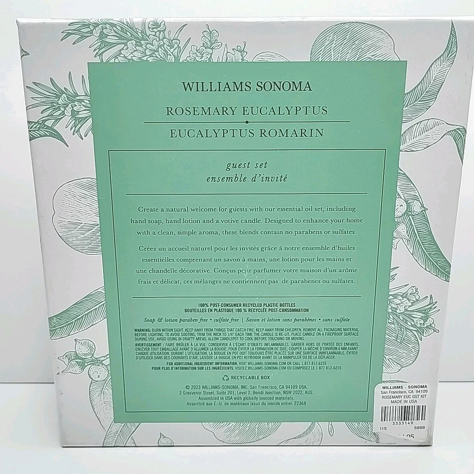 Williams Sonoma Rosemary Eucalyptus Guest Set Candle, Hand Soap, Candle, Lotion, - Image 3 of 3