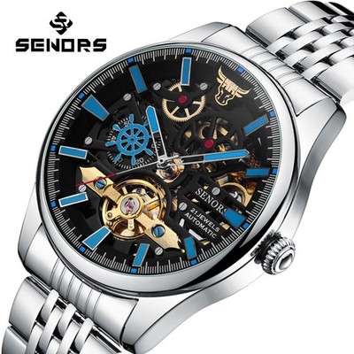 SENORS Men s Stainless Steel Automatic Mechanical Watch Skeleton Waterproof