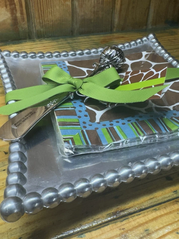 Serving Plate Tray Mudpie  Cheese Spreader Napkin Beaded Silver Giraffe New - Image 2 of 4